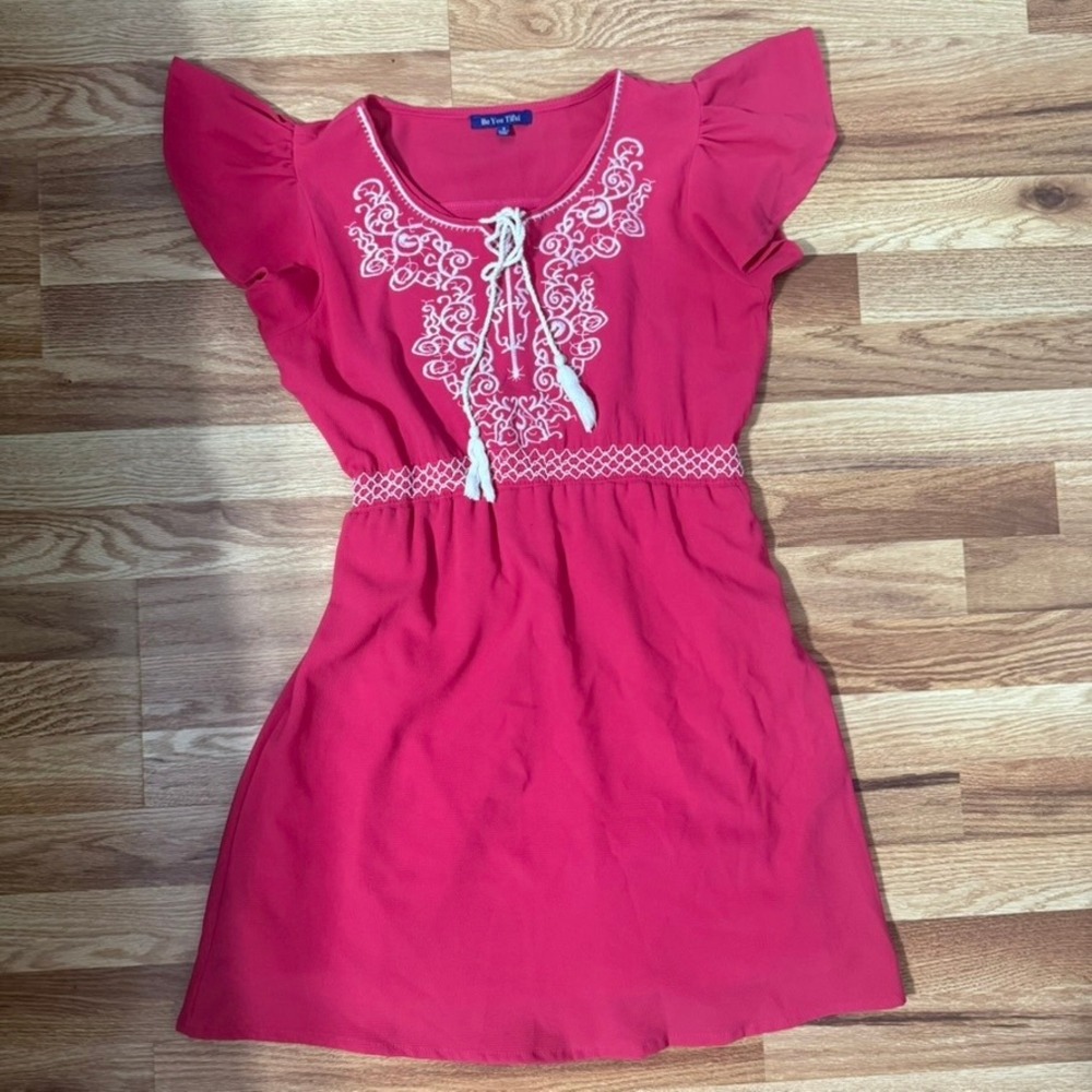 Be You Tiful Pink Embroidered Flutter Sleeve Tassel Mini Dress Womens Small